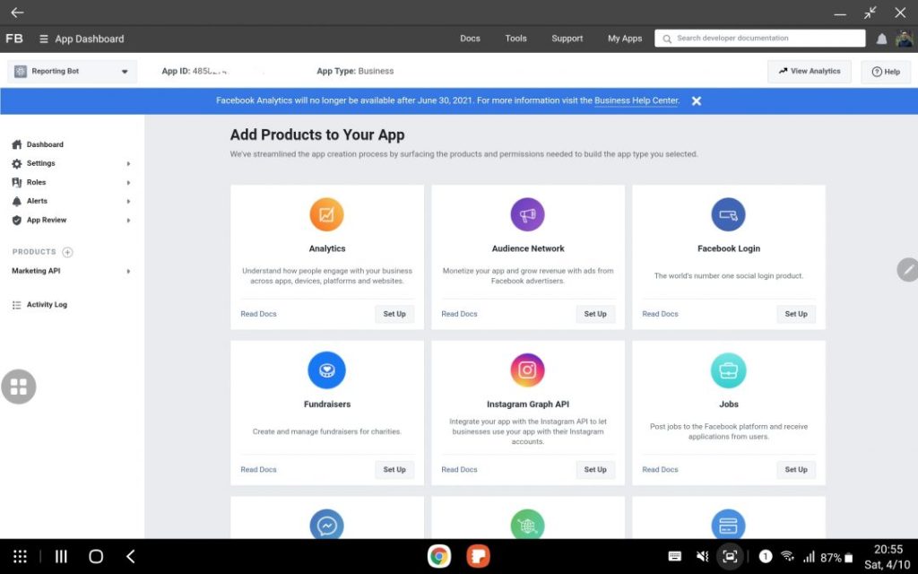 Lựa chọn Facebook Marketing API để kết nối ứng dụng từ màn hình dashboard