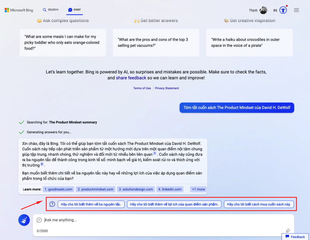Bing ChatGPT đặt câu hỏi để khoanh vùng một yêu cầu mơ hồ